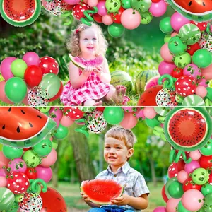 Summer watermelon balloon garland kit with red green latex and foil balloons for parties