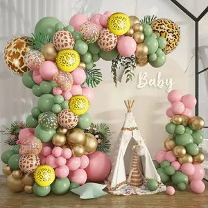 Arche de Ballons Thème Animaux de la Jungle Vert Sauge Rose Or Ballons en Latex pour Décoration de Fête d'Anniversaire Enfant