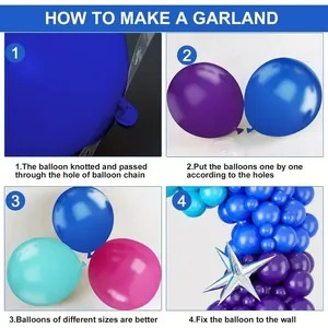 Four-step DIY guide for assembling blue and purple balloon garland with silver stars