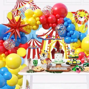 Kit de arco de globos para fiesta de circo con colores primarios, carpa y león