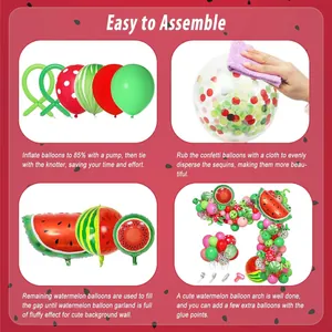 Step-by-step assembly guide for a watermelon party balloon garland kit with confetti balloons