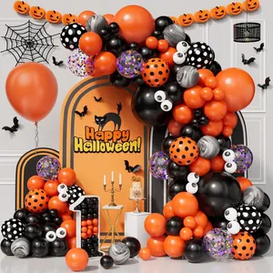 Halloween Balloon Garland Orange Black White Latex Balloons With Eyeball Pattern Marble Balloons For Halloween Party Holiday Decoration Props