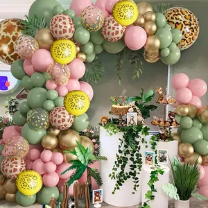 Kit arche de ballons thème jungle avec imprimés léopard et feuilles dorées pour anniversaire