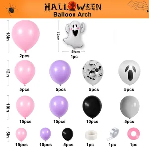 Detailed view of Halloween balloon arch kit with ghost foil and bat printed latex balloons