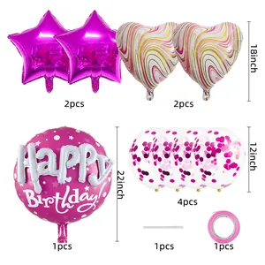 Pink Happy Birthday balloon set with marble hearts, star foils and confetti balloons
