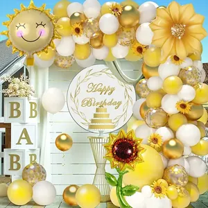 Sunflower party balloon arch kit with sun foil balloons and Happy Birthday backdrop