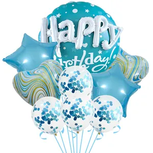 Blue 22-inch Happy Birthday balloon set with heart-shaped marble and sequin decorations