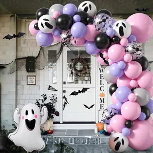 Halloween balloon arch kit with pink purple black balloons and a large white ghost foil balloon