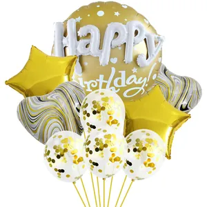 22 inch gold Happy Birthday balloon set with marble hearts and gold confetti balloons