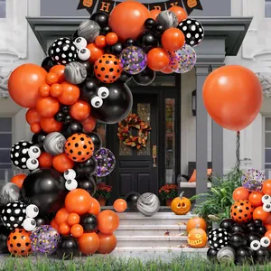 Halloween balloon arch kit with orange and black latex balloons for festive door decoration
