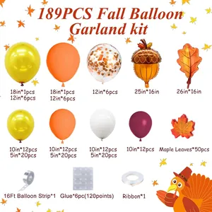 189pcs Thanksgiving balloon arch kit with autumn maple leaves and acorn foil balloons