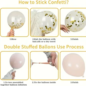 Visual guide showing how to inflate confetti balloons and use static for gold sequins