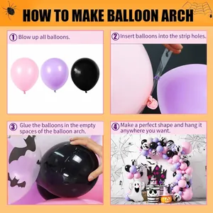 Step-by-step guide showing how to assemble Halloween balloon garland with bats and stickers