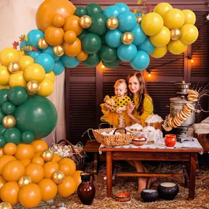 Thanksgiving balloon arch kit with orange, green, and gold latex balloons for party decor