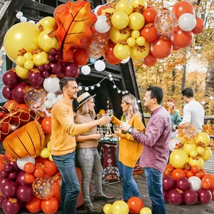 Fall balloon arch kit with maple leaf and acorn foils for Thanksgiving outdoor party decor