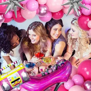 Pink retro party balloon arch set with 80s radio and star foil balloons for events