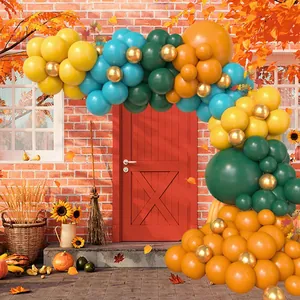 Thanksgiving balloon garland arch kit with autumn themed matte yellow orange and green balloons