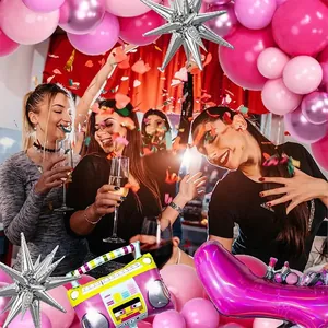 80s 90s retro radio party balloon garland kit with pink latex and silver star balloons