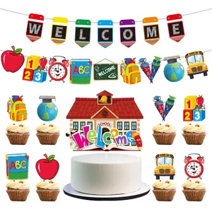 Terug naar school feestdecoratie set met Welcome banner en kleurrijke taarttoppers