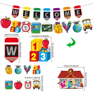 Gedetailleerde afmetingen van Welcome Back to School feestbanner en schoolthema decoraties