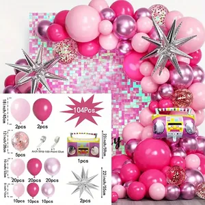104-piece pink balloon arch kit with retro radio and silver star balloons for 80s 90s parties