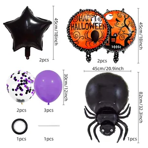 Detailed Halloween balloon set with giant spider, stars, and pumpkin foil balloons