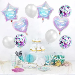 Kit de fête papillon irisé avec ballons en aluminium, assiettes et décorations festives