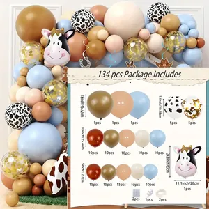 Kit arche de ballons 134 pièces thème vache de ferme avec ballons bleu et marron