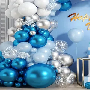 Blue and silver party balloon arch kit with metallic and sequin balloons for events