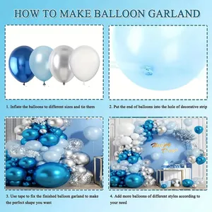 Step-by-step DIY guide for assembling blue and silver balloon garland kit for party decor