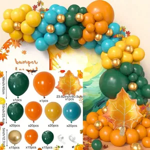 Thanksgiving balloon arch kit with orange green gold balloons and maple leaf foil