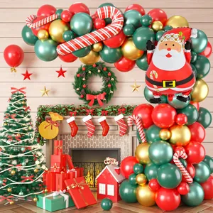 Kit Arche de Ballons de Noël Père Noël Sucre d'Orge Ballons en Aluminium Rouge Vert Or Latex Pour Décoration de Fête