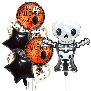 Halloween balloon set with skeleton, spider foil balloons, and confetti latex balloons