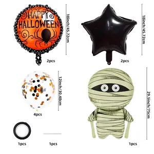 Detailed Halloween balloon set with mummy, spider prints and star foils for bar decor