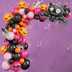 Kit arche de ballons Halloween avec ballons roses orange noirs et ballon chauve-souris