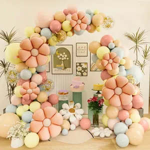 Detailed balloon arch kit featuring macaron colors and daisy floral balloons for party decor