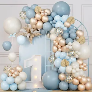 Foggy Blue Balloon Arch Kit With Cream White Metallic Gold Confetti Balloons For Boys Birthday Party Decoration Backdrop