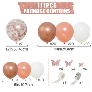 111pcs rose gold balloon arch kit with pink sequins and decorative paper butterflies