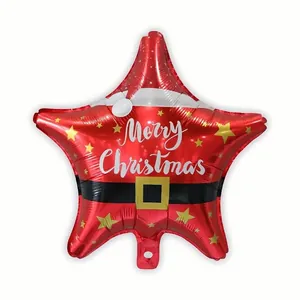 Detail of red star balloon with Merry Christmas print and Santa Claus belt pattern