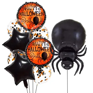 Detail of Halloween balloon set featuring spider, stars and orange confetti balloons