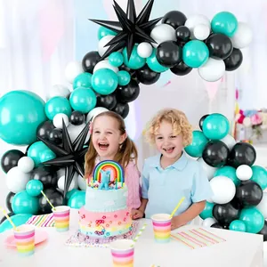 Teal black and white balloon arch kit with star shapes for birthday party decoration
