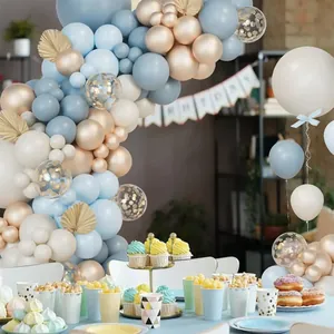 Haze blue balloon arch kit with matte grey, cream white, and gold sequin balloons