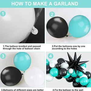 Balloon arch kit tutorial showing assembly of black white and green balloons garland