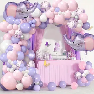 Kit Guirlande Ballons Éléphant Baby Shower Ballons en Latex et Aluminium Violet Rose pour Décoration Fête Anniversaire