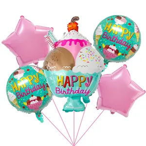 5-piece Hawaii ice cream foil balloon set with pink stars for birthday party decoration