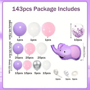 Kit Guirlande de 143 Ballons Éléphant Violet avec Ballons Métalliques et à Paillettes