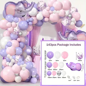 Kit arche ballon baby shower éléphant avec 143 ballons en latex rose, violet et blanc