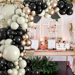 Kit arco di palloncini retrò nero bianco e verde salvia con accenti oro metallico