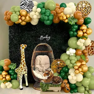 Detailed jungle balloon arch with animal prints, olive green latex and palm leaves