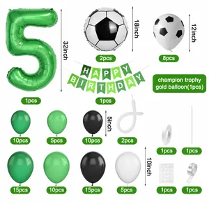 Gedetailleerde lijst van voetbal verjaardagsset met groene cijfer 5 ballon en decoratie